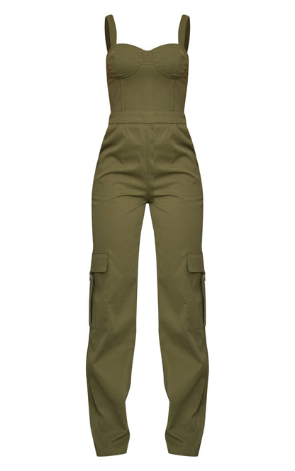 Next Day Delivery Before 10 PM Khaki Goddess: Woven Corset Jumpsuit with Pocket Detail