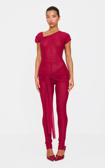 Burgundy Mesh Asymmetric Cap Sleeve Jumpsuit Next Day Delivery 10 PM