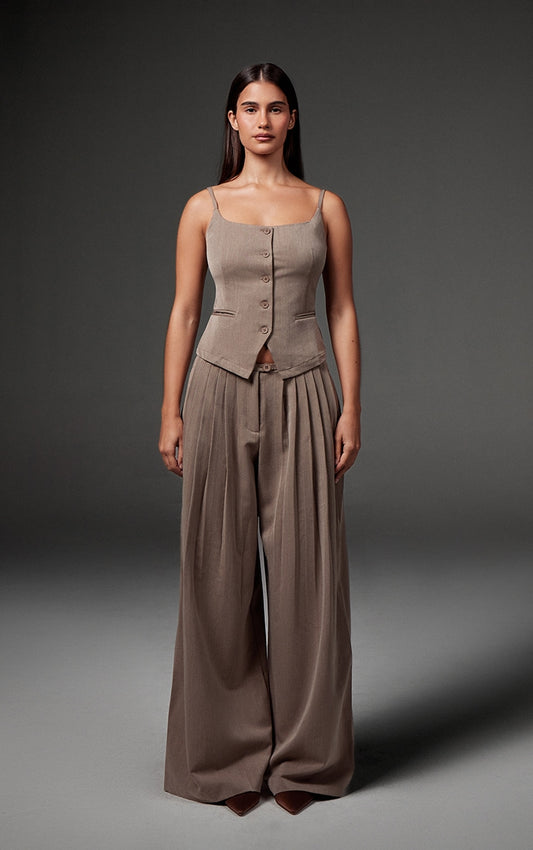 Premium Taupe Woven Pleated Waistband Extreme Wide Leg Trousers  Next Day Delivery