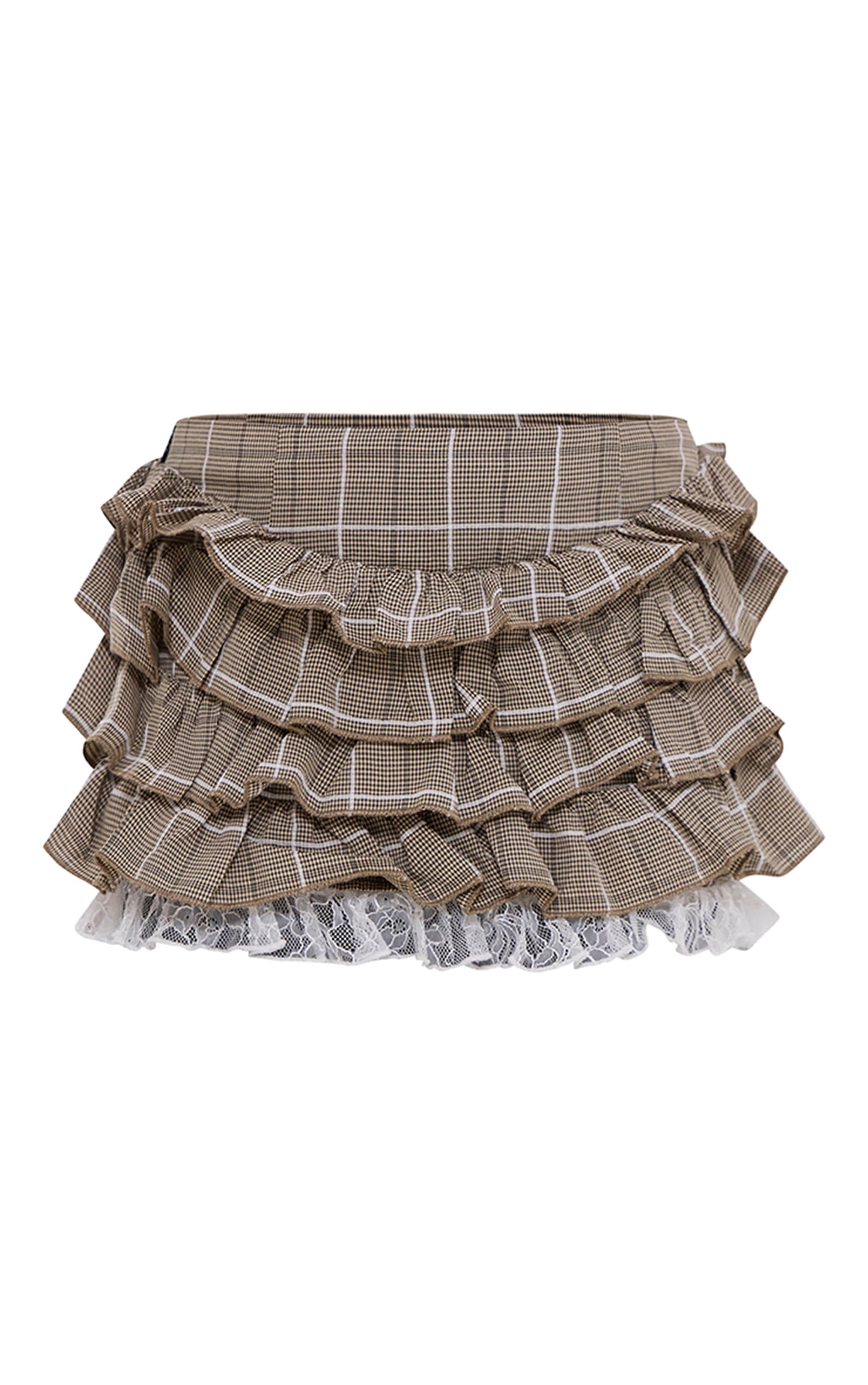 Brown Plaid Printed Lace Detail Ruffled Rara Skirt  Next Day Delivery