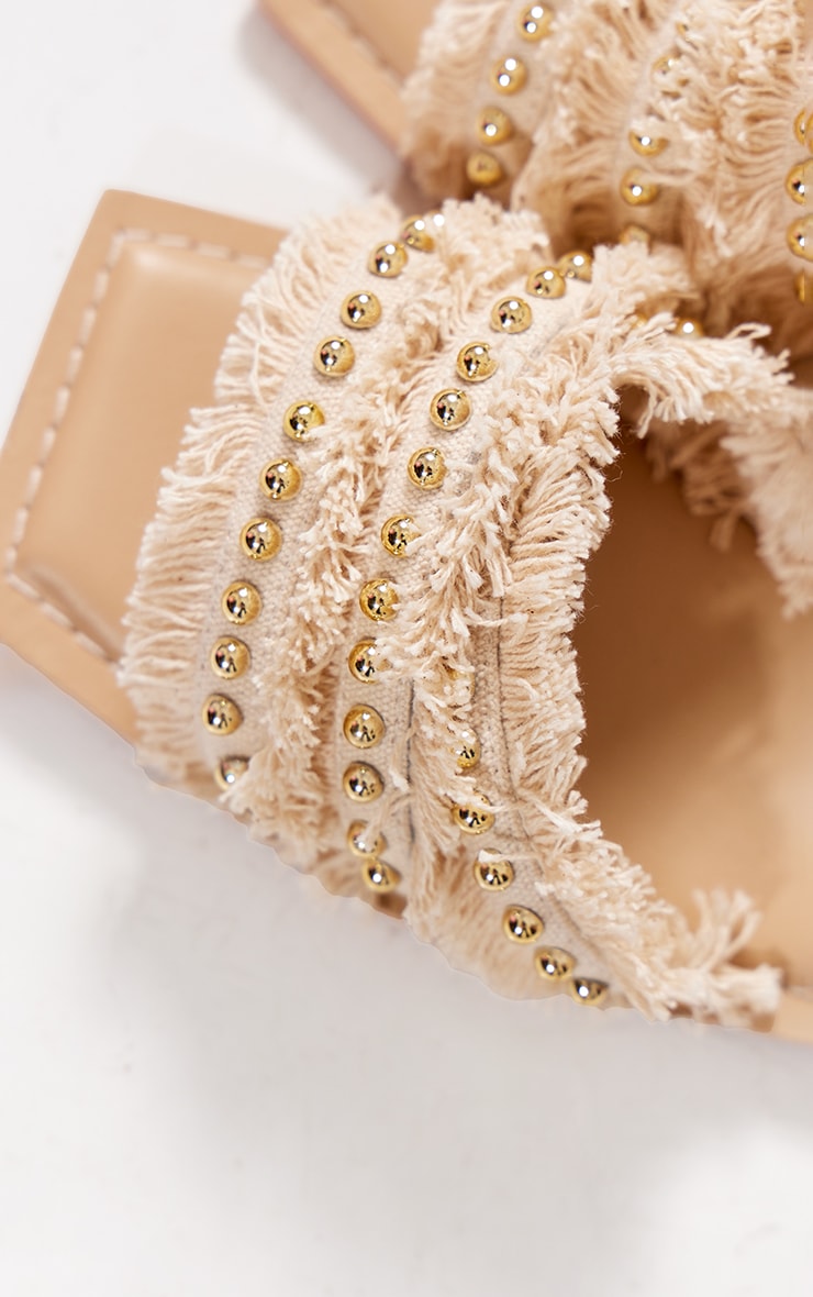 Next Day Delivery Before 10 PM Beige Stud Detail Frayed Strap Flat Sandals with Square Toe