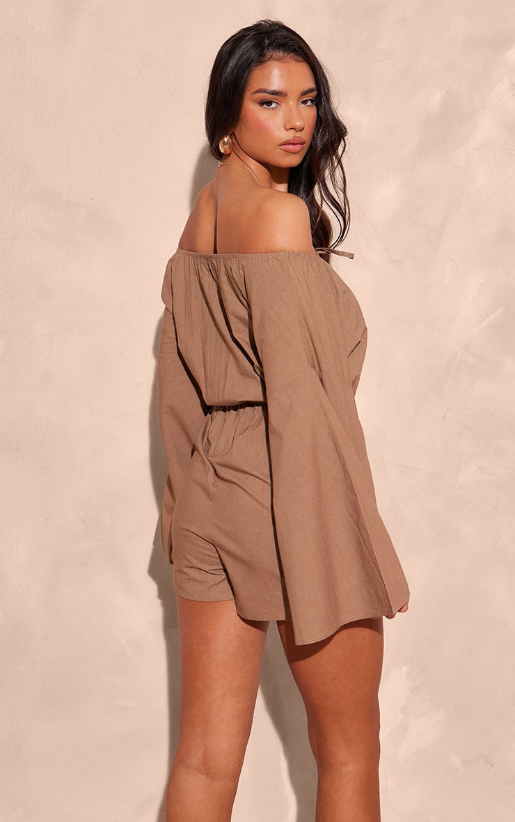 Next Day Delivery Before 10 PM Taupe Flare Sleeve Bardot Playsuit: Chic and Flirty