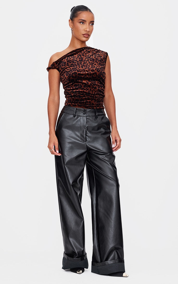 Brown Velvet Leopard Printed Asymmetric Shoulder Detail Long Top Next Day Delivery