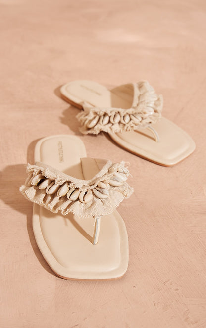 Next Day Delivery Before 10PM Beige PU Square Toe Shell Frayed Toe Thong Flat Sandals