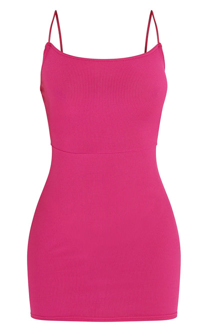 Next day delivery mon-fri 10pm Hot Pink Ribbed Lace Up Back Bodycon Dress