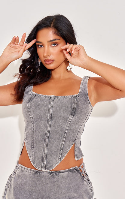 Next Day Delivery Before 10 PM Petite Light Grey Denim Lace Up Corset Top