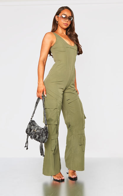 Next Day Delivery Before 10 PM Stone Corset Utility Jumpsuit: Stay Chic and Powerful