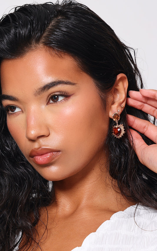 Red Heart Jewel Statement Stud Earrings