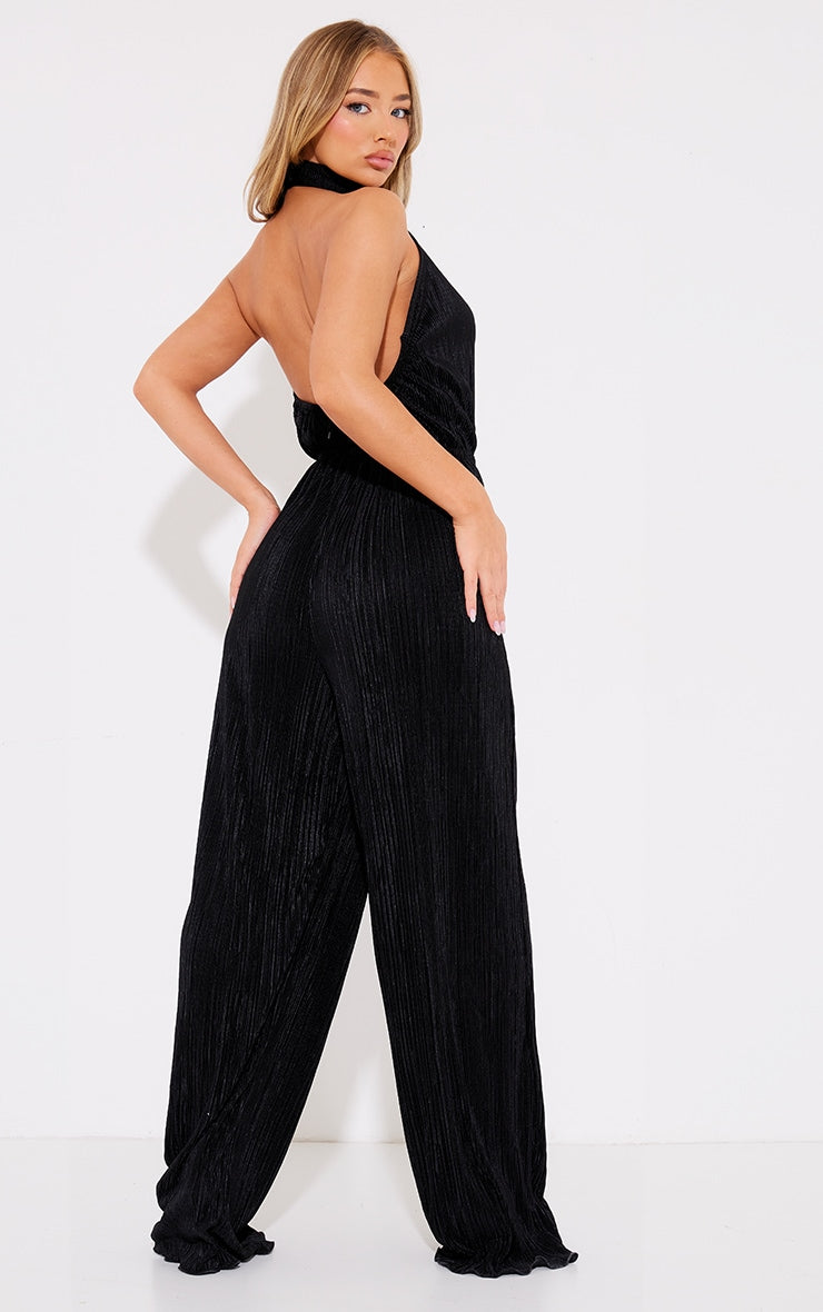 Next Day Delivery Before 10 PM Chic Champagne Plisse High Neck Jumpsuit with Wide-Leg Design