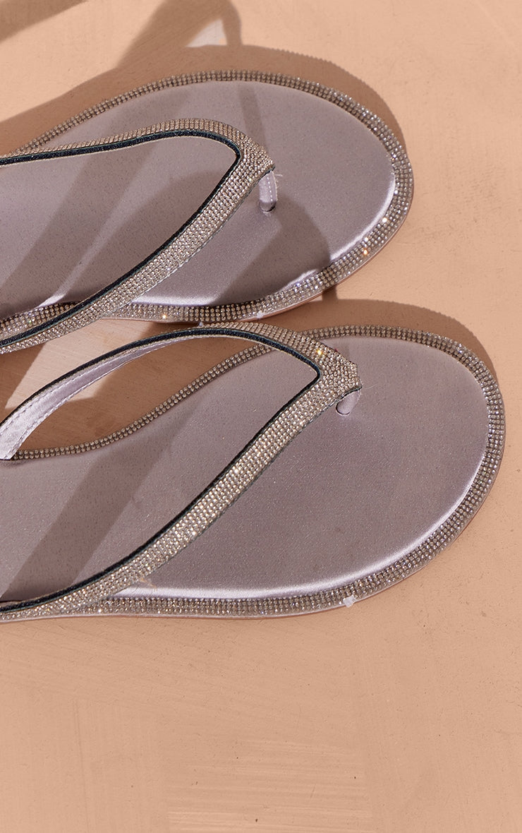 Next Day Delivery Before 10pm Silver Satin Round Toe Thong Diamante Trim Flat Sandals