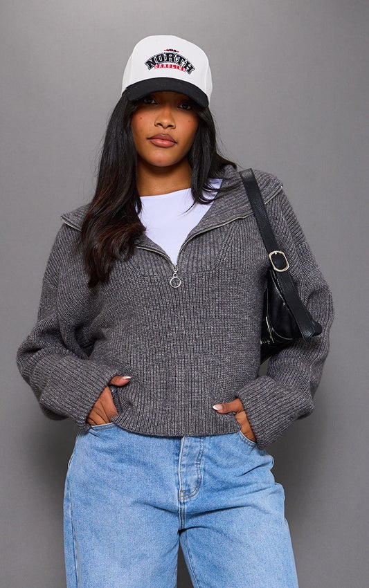 Next Day Delivery Before 10 PM Charcoal Grey Marl Chunky Knit Half Zip Jumper