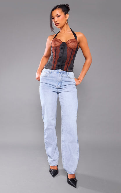 Next Day Delivery Before 10 PM Black Satin Floral Lace Halter Neck Corset