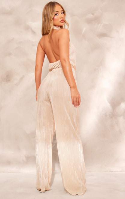 Next Day Delivery Before 10 PM Chic Champagne Plisse High Neck Jumpsuit with Wide-Leg Design