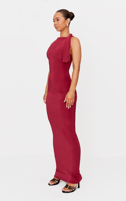 Burgundy Slinky Knot Drape Maxi Dress