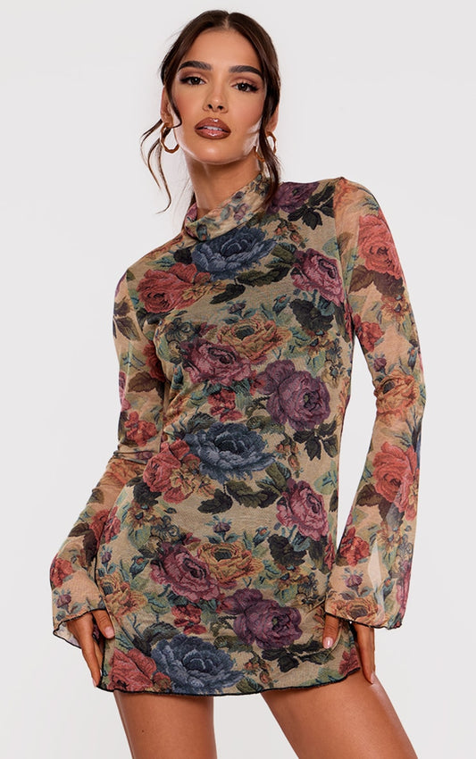 Brown Floral Print High Neck Flared Sleeve Shift Dress