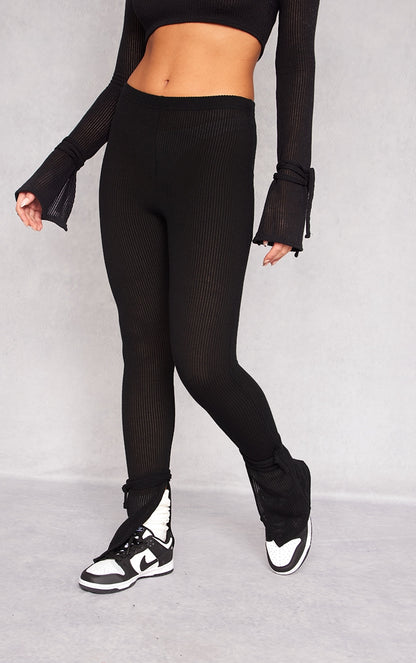 Next Day Delivery Before 10pm Chocolate Sheer Soft Rib Split Hem Tie Detail Leggings