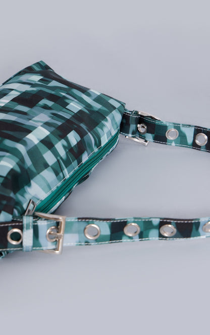 Next Day Delivery Before 10 PM Green Blurred Camo Print Pocket Shoulder Bag with Eyelet Strap - A Stylish Statement Piece