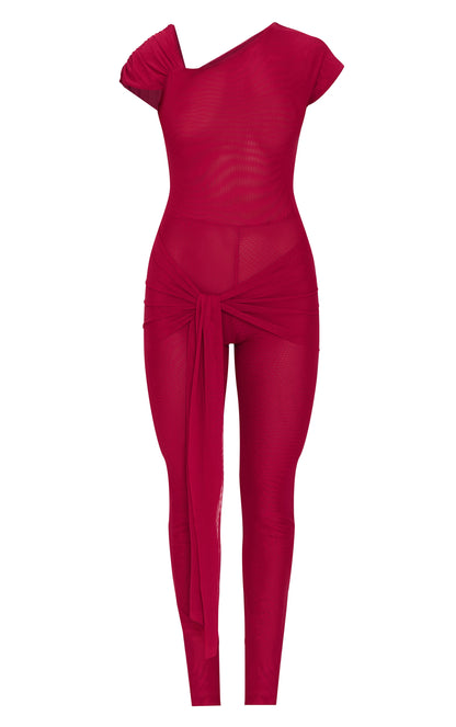 Burgundy Mesh Asymmetric Cap Sleeve Jumpsuit Next Day Delivery 10 PM