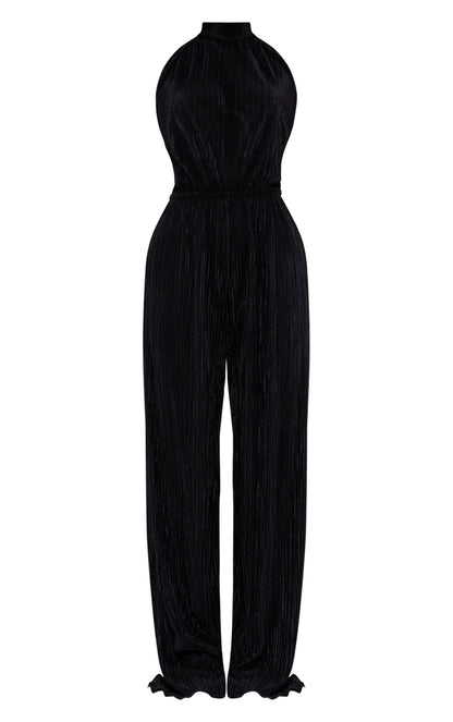 Next Day Delivery Before 10 PM Chic Champagne Plisse High Neck Jumpsuit with Wide-Leg Design