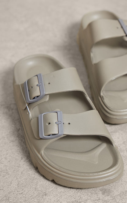 Next Day Delivery Before 10pm Taupe Rubberised Round Toe Buckle Flat Slider Sandals