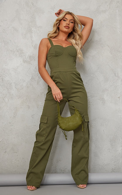 Next Day Delivery Before 10 PM Khaki Goddess: Woven Corset Jumpsuit with Pocket Detail