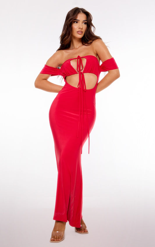 Red Sleeve Detail Double Layer Slinky Maxi Dress