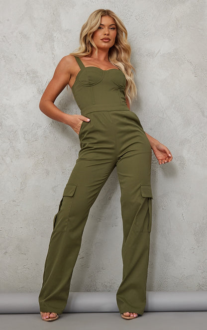 Next Day Delivery Before 10 PM Khaki Goddess: Woven Corset Jumpsuit with Pocket Detail