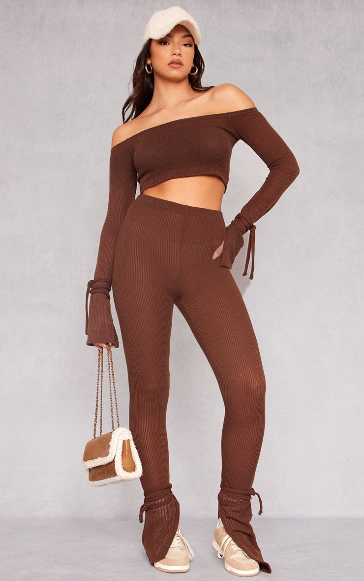 Next Day Delivery Before 10pm Chocolate Sheer Soft Rib Split Hem Tie Detail Leggings