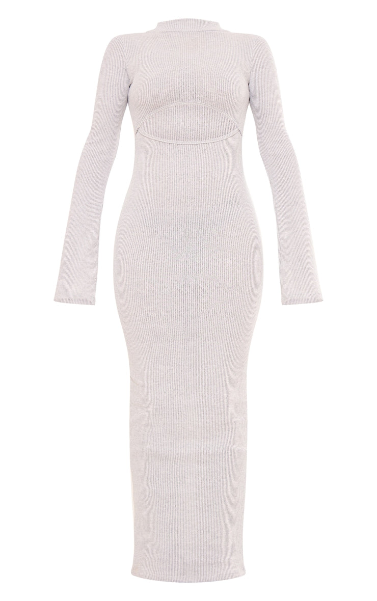 Grey Marl Rib High Neck Cut Out Flare Sleeve Maxi Dress Next Day Delivery Before 10 pm