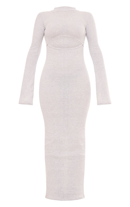 Grey Marl Rib High Neck Cut Out Flare Sleeve Maxi Dress Next Day Delivery Before 10 pm