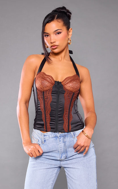 Next Day Delivery Before 10 PM Black Satin Floral Lace Halter Neck Corset