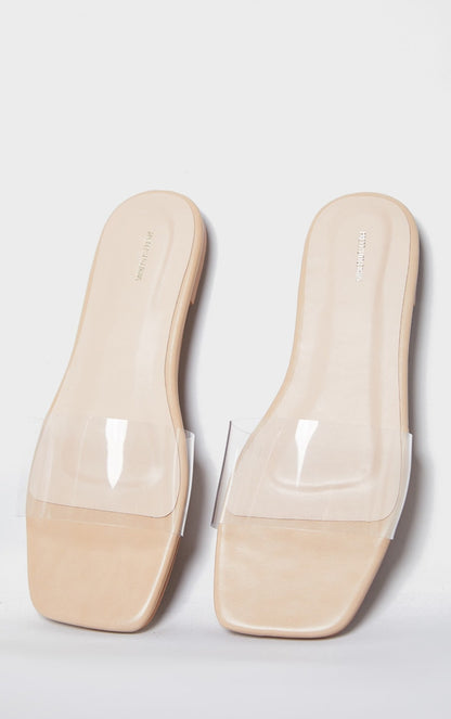 Next Day Delivery Before 10pm  Nude Pu Clear Strap Mule Sandals