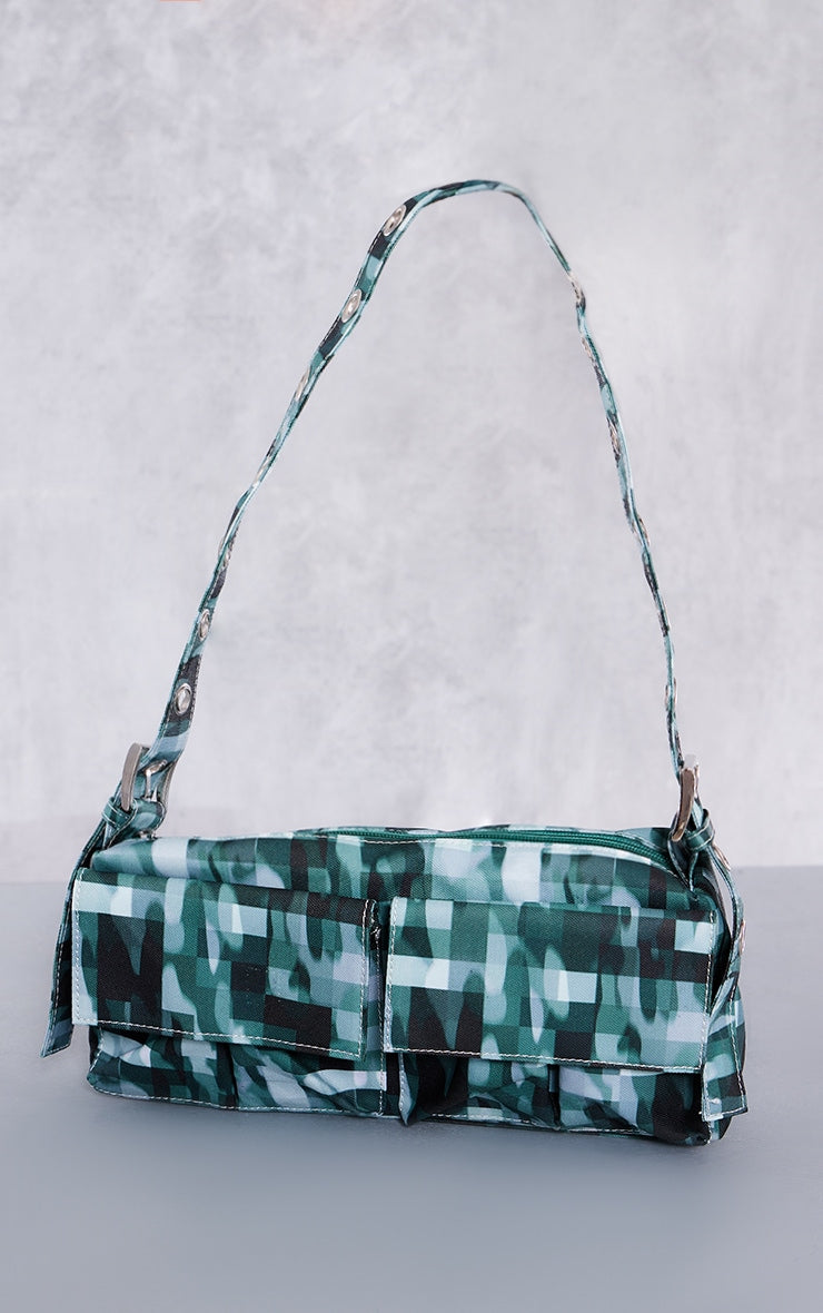 Next Day Delivery Before 10 PM Green Blurred Camo Print Pocket Shoulder Bag with Eyelet Strap - A Stylish Statement Piece