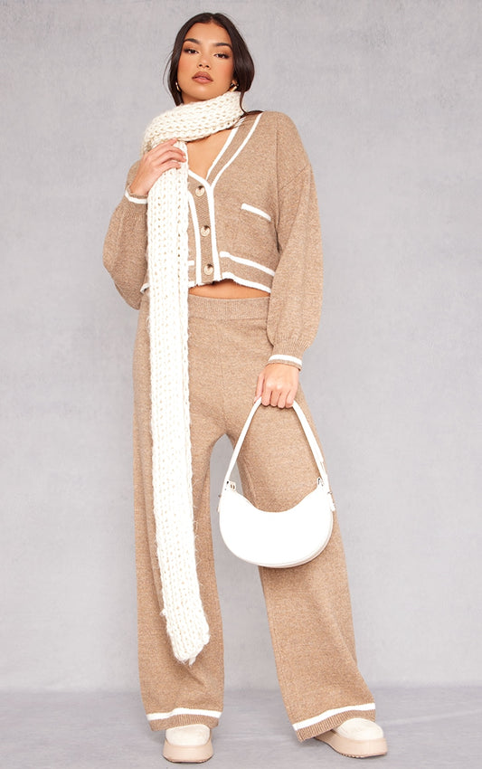 Taupe Soft Knit Contrast Stripe Detail Wide Leg Trousers Next Day Delivery Before 10 pm