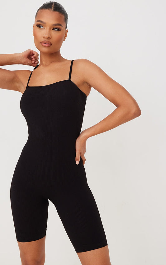 Next Day Delivery Before 10 PM Black Structured Contour Rib Straight Neck Unitard - The Ultimate Figure-Flattering Outfit