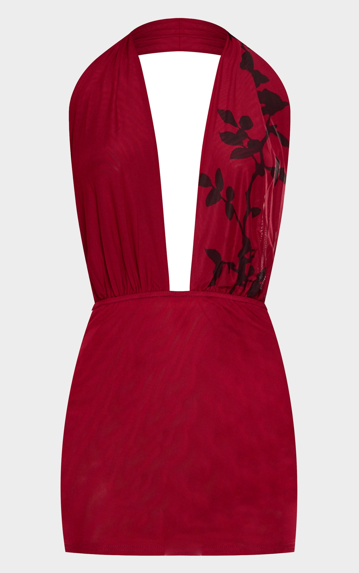 Burgundy Flower Printed Mesh Extreme Plunge Bodycon Dress