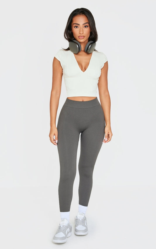 Petite Charcoal Contour Rib Seamless Leggings Next Day Delivery