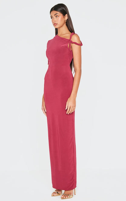 Burgundy Slinky Twist Shoulder Midaxi Dress