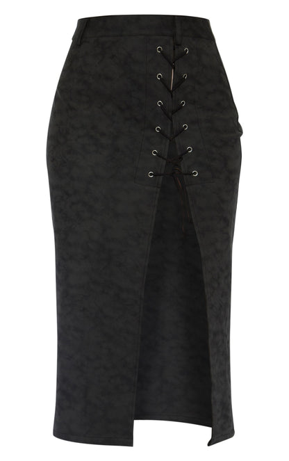 Next Day Delivery Before 10 PM Washed Black Faux Leather Lace Up Midi Skirt