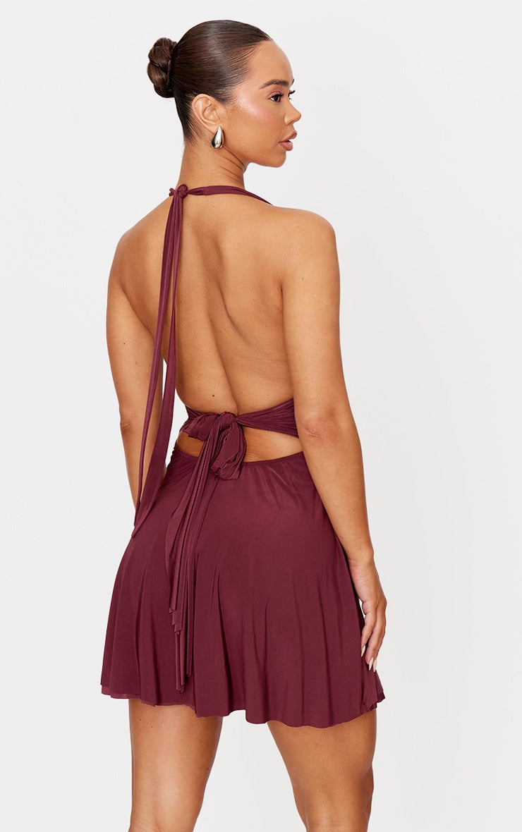 Burgundy Double Layer Slinky Halter Neck Tie Back Shift Dress