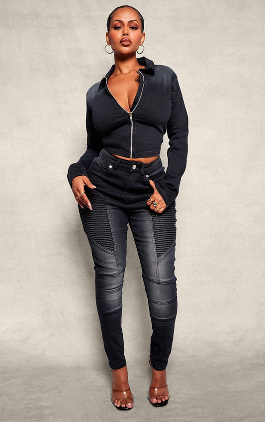 Shape Black Stretch Denim Seam Biker Skinny Jeans Next Day Delivery Before 10 pm