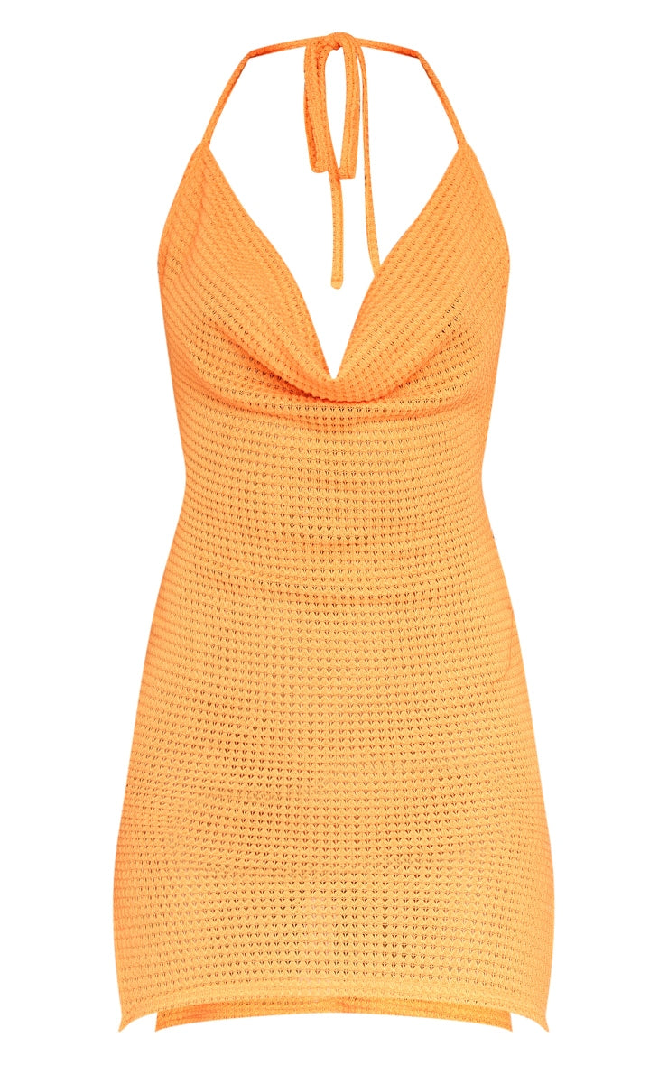 Next Day Delivery Before 10 PM Orange Textured Sheer Cowl Halter Bodycon Dress