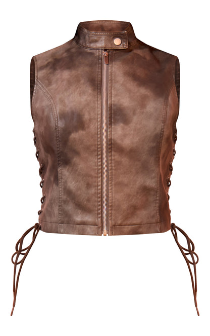 Brown Washed Faux Leather Lace Up Detail Long Top