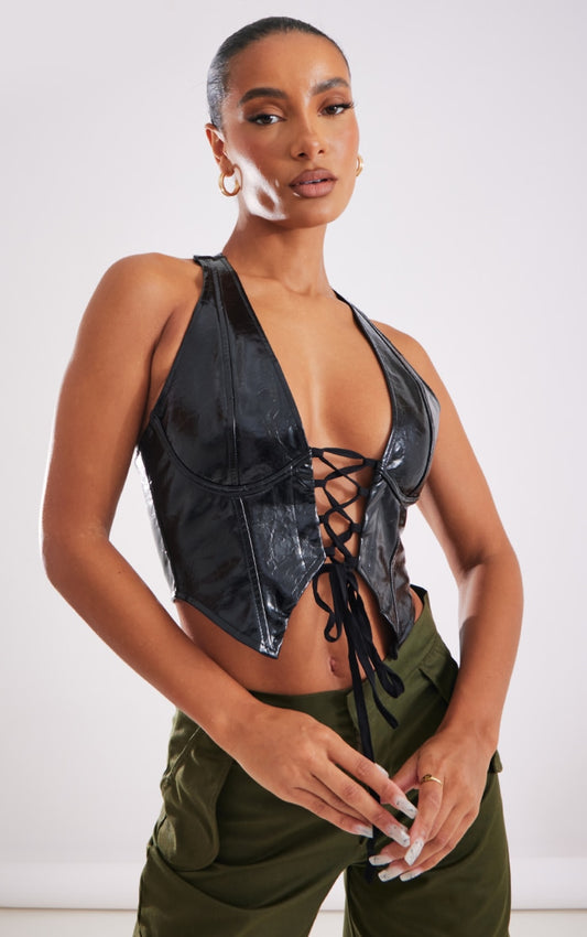 Next Day Delivery Before 10pm Black Washed Faux Leather Lace Up Plunge Halterneck Top