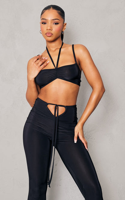 Next Day Delivery Before 10pm Black Slinky Ruched Strappy Halterneck Detailed Bralet