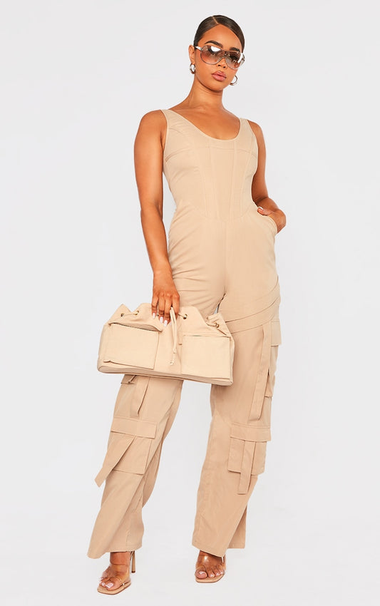 Next Day Delivery Before 10 PM Stone Corset Utility Jumpsuit: Stay Chic and Powerful