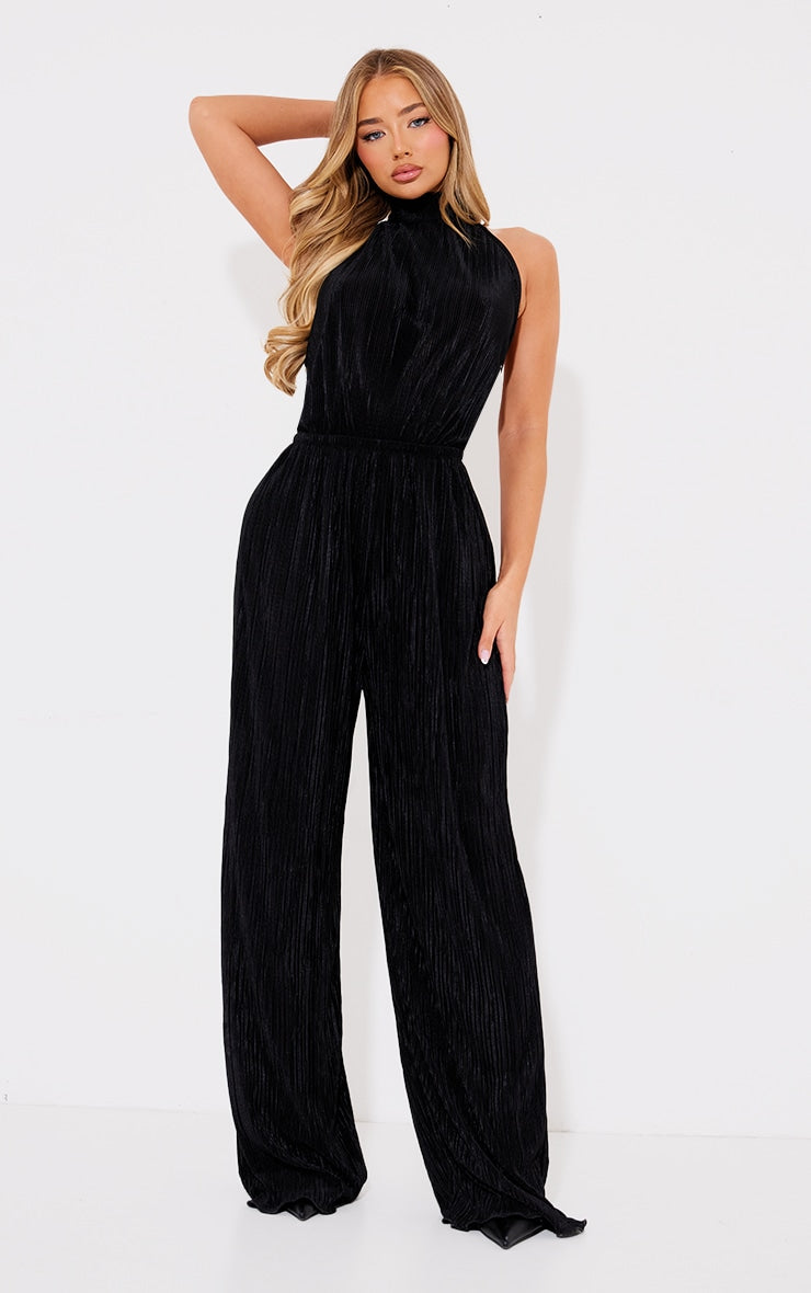 Next Day Delivery Before 10 PM Chic Champagne Plisse High Neck Jumpsuit with Wide-Leg Design