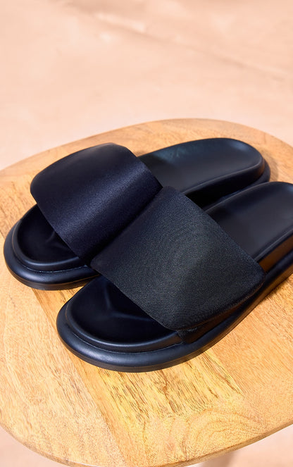 Next Day Delivery Before 10PM Black PU Round Toe Padded Velcro Strap Flat Sandals