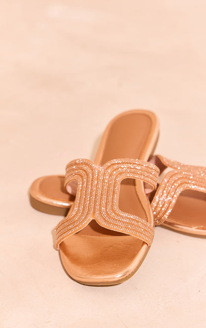 Next Day Delivery Before 10PM Rose Gold PU Round Toe Diamante Cross Strap Flat Sandals