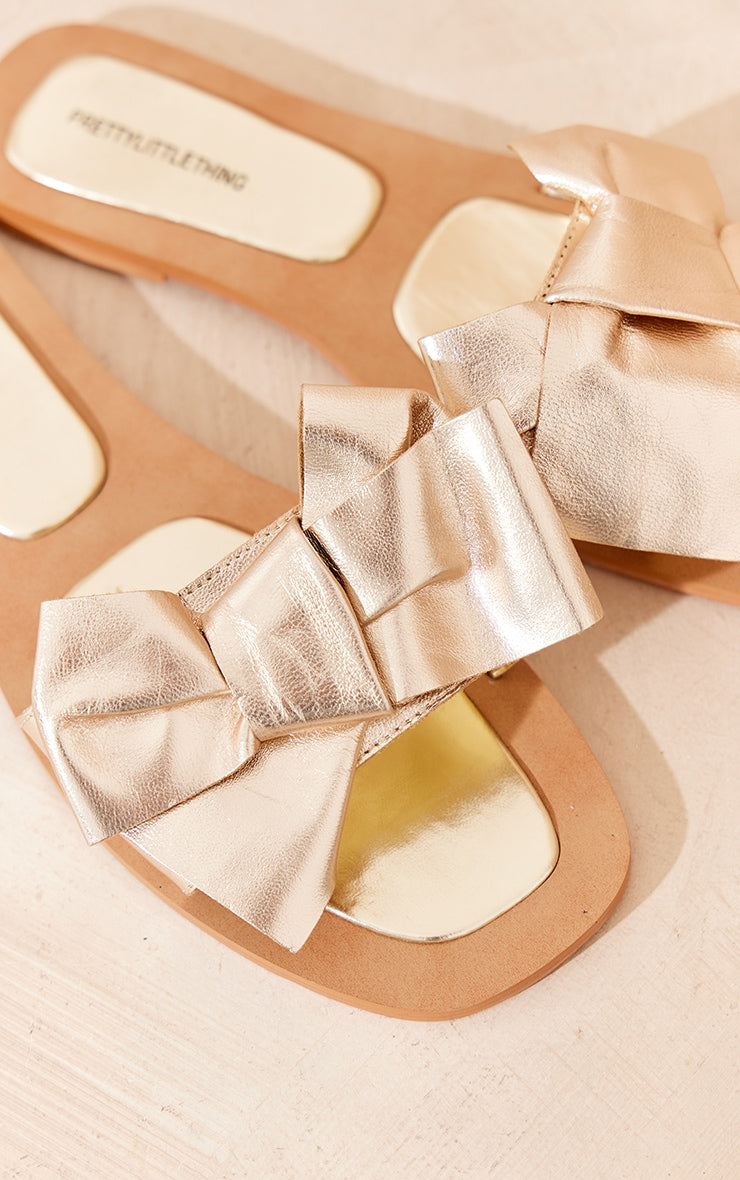 Next Day Delivery Before 10 PM Glamorous Gold Metallic Leather Mule Sandals with Bow Strap Detail